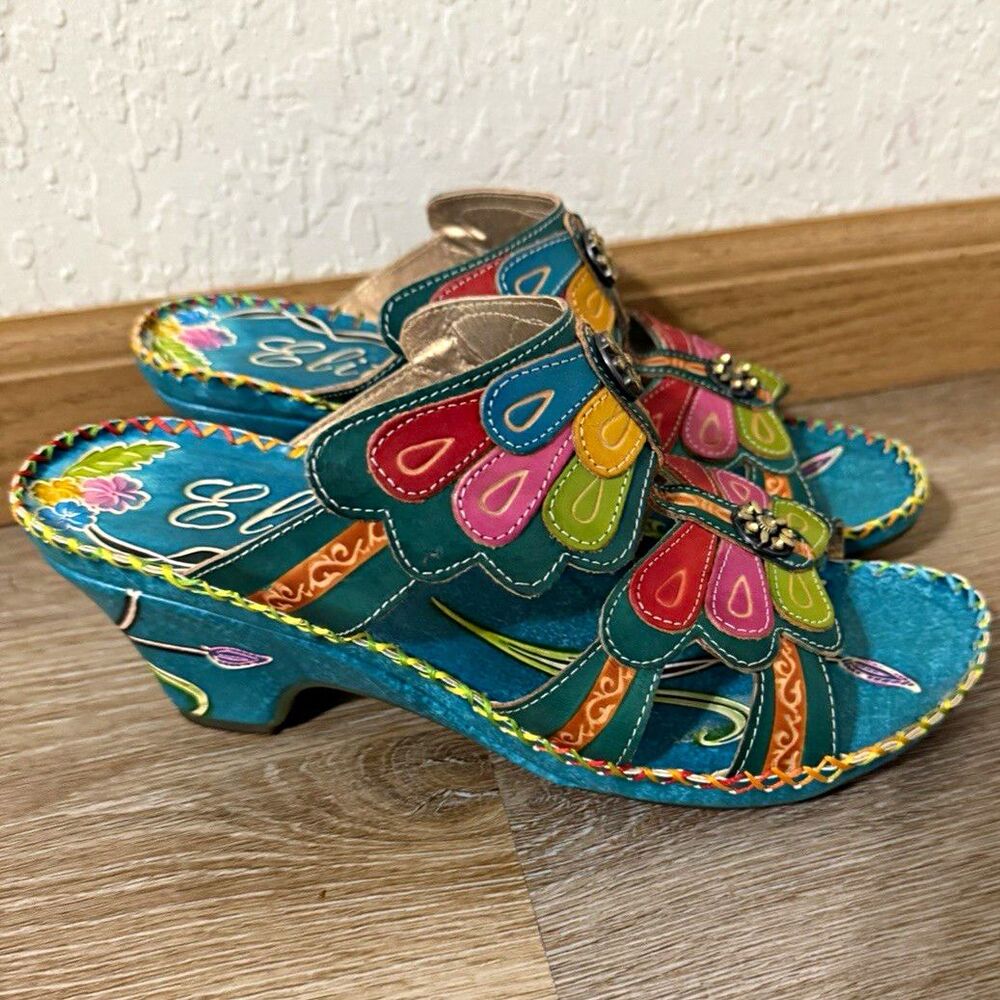 Elite Corkys Womens Blue Multicolor Butterfly Floral Leather Slide Sandals US 8